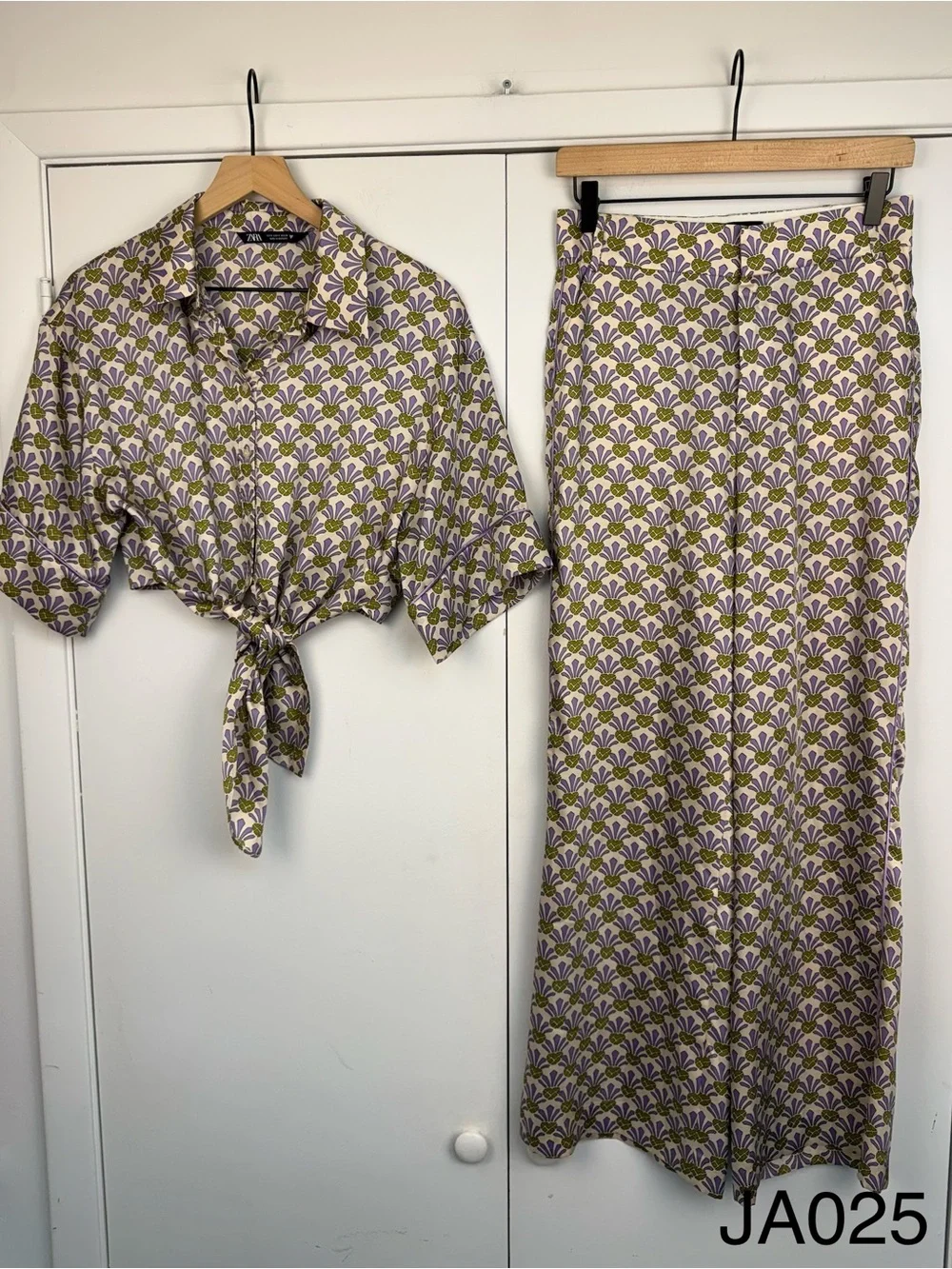 Zara Pineapple Print Matching Shirt Wide Leg Pants Set S